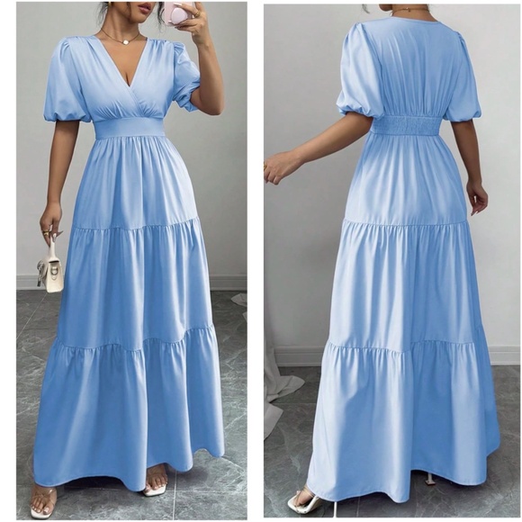Boho V neck Puff Sleeve Stretchy Waist Ruffle Hem Maxi Dress - Picture 1 of 4